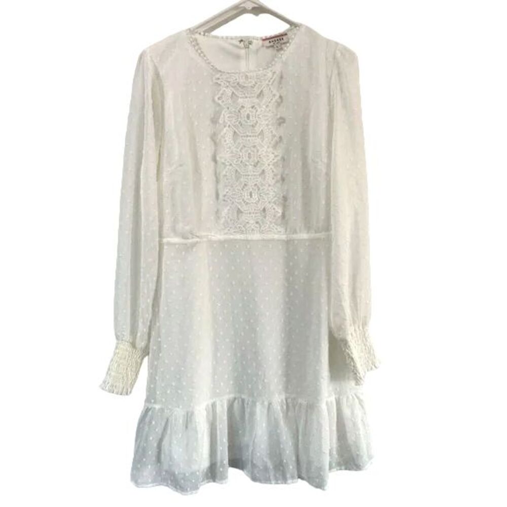 Andree by Unit Womens Babydoll Dress Large White Long Sleeve Swiss Dot Lace NEW